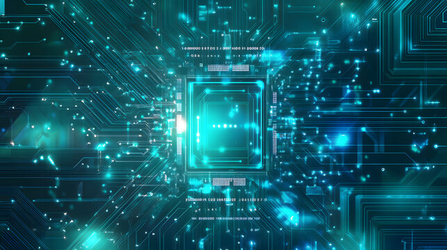 Technology banner background. blue green tech background. abstract futuristic circute illustration, chip or semiconductor in center, concept for furete tech