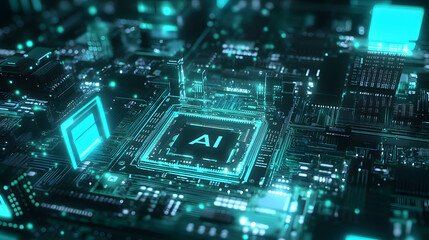 Obraz premium Technology banner background. blue green tech background. abstract futuristic circute illustration, AI chip or semiconductor in center, concept for furete tech, ai and KI