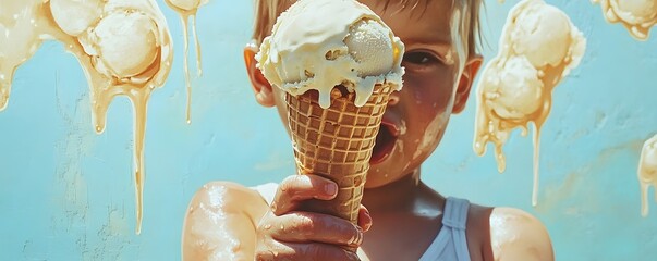 A joyful child enjoys a delicious ice cream cone, capturing the essence of summer fun with vibrant colors and dripping ice cream.
