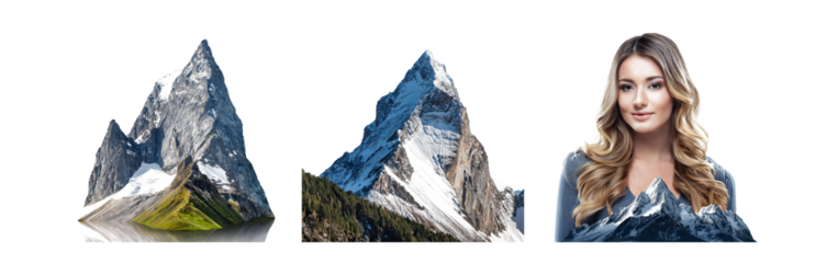 Three snowy mountains isolated on white background.  One mountain is reflected in water.  The other two are partially covered in green forest.  The third image shows a woman with blonde hair.  A snow-