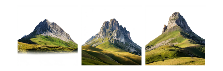 Three rocky mountain peaks with grassy slopes.