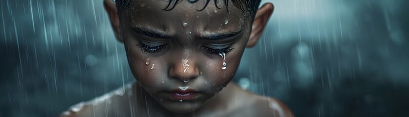 A melancholic boy stands in the rain, with tears flowing down his face, capturing a moment of deep emotion and solitude.