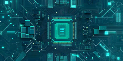 Fototapeta premium Technology banner background. blue green tech background. abstract futuristic circute illustration, chip or semiconductor in center, concept for furete tech