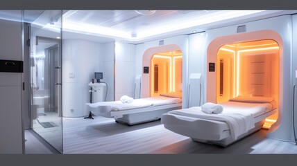 Modern futuristic spa retreat room with high-tech relaxation pods,National Wellness Month