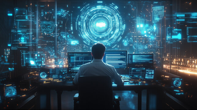 A computer engineer working on the design of software and systems, with two monitors displaying code or software interfaces in a dark blue room. The person is focused on their work at the desk,