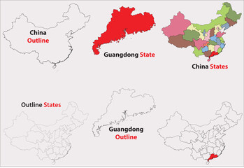 Obraz premium Guangdong map vector of China, Guangdong line map, Guangdong with city map, Guangdong outline map