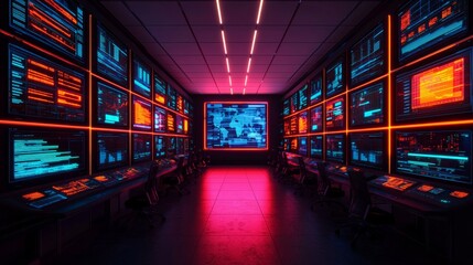 Futuristic Control Room with Neon Lights and Monitors