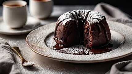 Delectable Chocolate Lava Cake with Molten Center on Marble Countertop
