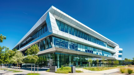 Fototapeta premium Contemporary office building with a unique geometric design, framed by a clear blue sky. 