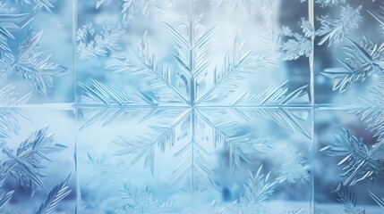Frosty window with blue and white colors. Frozen glass surface. Icy pattern. Snowflake crystals. Winter background with space for text, design