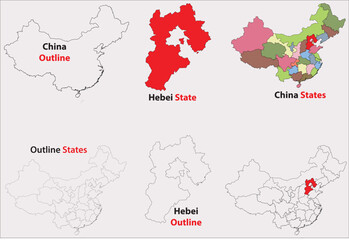 Hebei map vector of China, Hebei line map, Hebei with city map, Hebei outline map