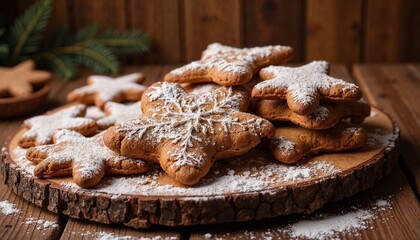 Decorative winter cookies shaped like snowflakes on wooden board