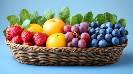 Many different fresh fruits in wicker basket isolated on white