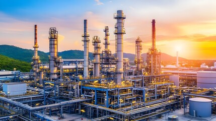 Fototapeta premium Aerial View of Illuminated Oil Refinery Landscape at Vibrant Sunset with Pipelines and Storage Tanks