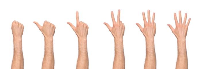 Man's hand counting from zero to five, with back of the hand facing us, isolated on transparent background, png file	