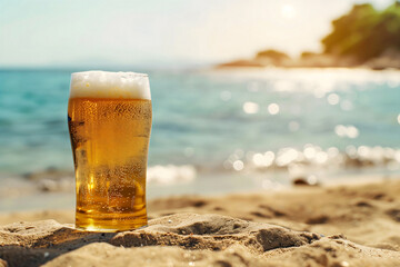 A misted glass of beer with a beach in the background, copy space for text.