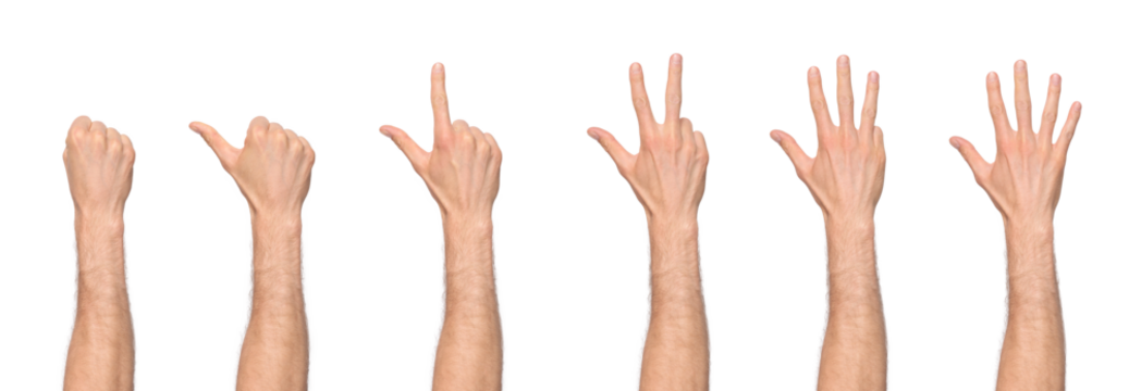 Man's hand counting from zero to five, with back of the hand facing us, isolated on transparent background, png file	