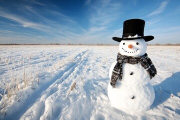 Obraz premium A snowman with a black hat and scarf smiles against a backdrop of snow-covered fields and a clear blue sky