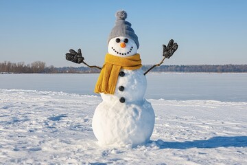 Obraz premium A snowman greets the winter day with outstretched arms, dressed in a cozy scarf and hat against a backdrop of snow and ice