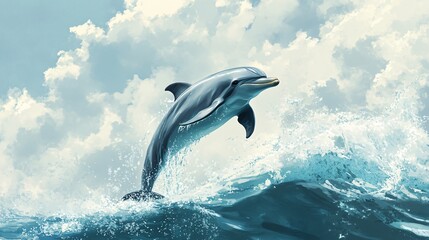 Fototapeta premium A dolphin leaps out of the water with a blue sky and white clouds in the background.
