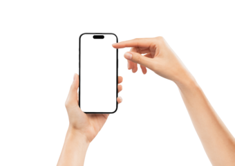 Hand holding the black smartphone with mockup of blank screen on isolated white background.