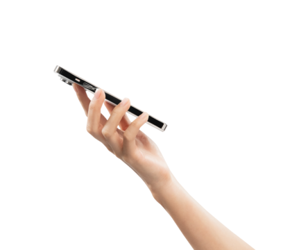 Hand holding the smartphone on isolated white background.