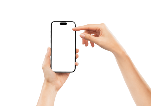 Hand holding the black smartphone with mockup of blank screen on isolated white background.