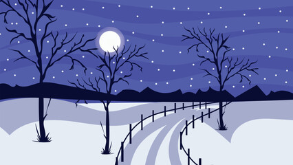 Winter landscape with moon and black trees. Winter forest view, outdoor recreation place. Winter Landscape with snow. Snowy background. Snowdrifts. Snowfall.
