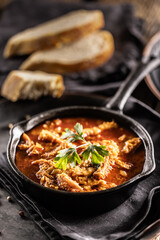 Tasty soup or stew made of beef tripe and spices. Spicy and aromatic tripe soup seasoned with pepper and served with bread