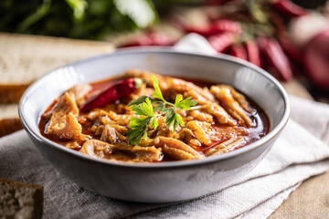 Tasty soup or stew made of beef tripe and spices. Spicy and aromatic tripe soup seasoned with...