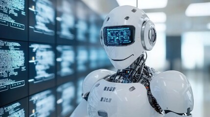 A sleek, futuristic robo-advisor standing tall in a digital landscape, blending blockchain finance technology seamlessly