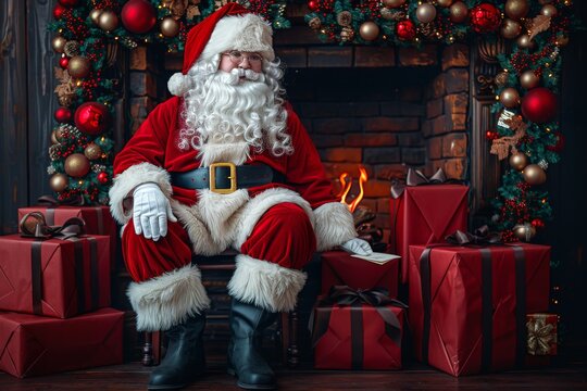 Santa Claus seated by a decorated fireplace with Christmas gifts during a festive holiday celebration