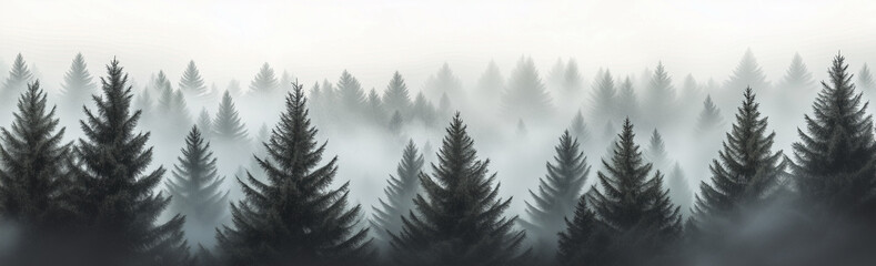 A panoramic view of an evergreen forest shrouded in mist, with the trees towering above and forming intricate patterns against the backdrop of grey clouds.