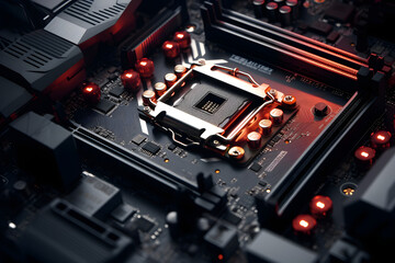 Fototapeta premium photo of a motherboard, close up photo of a pc motherboard, tech components