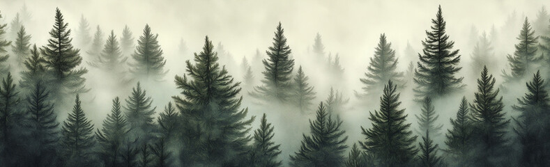 Obraz premium A panoramic view of an evergreen forest shrouded in mist, with the trees towering above and forming intricate patterns against the backdrop of grey clouds.