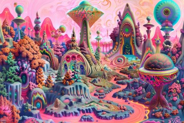 Obraz premium A vibrant alien landscape with colorful rock formations and whimsical structures under a pastel sky at twilight