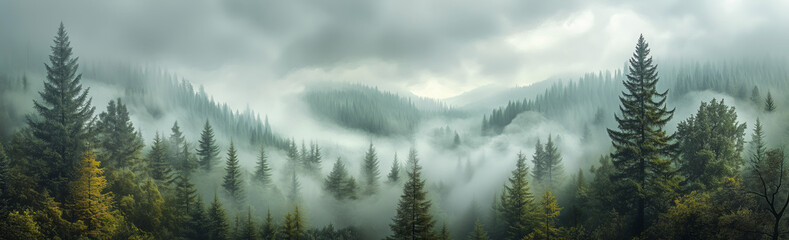 Fototapeta premium A panoramic view of an evergreen forest shrouded in mist, with the trees towering above and forming intricate patterns against the backdrop of grey clouds.