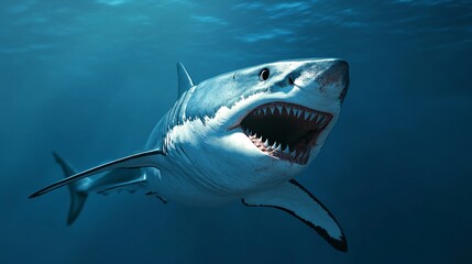 A great white shark with its mouth open, showing sharp teeth, swims through a blue ocean.