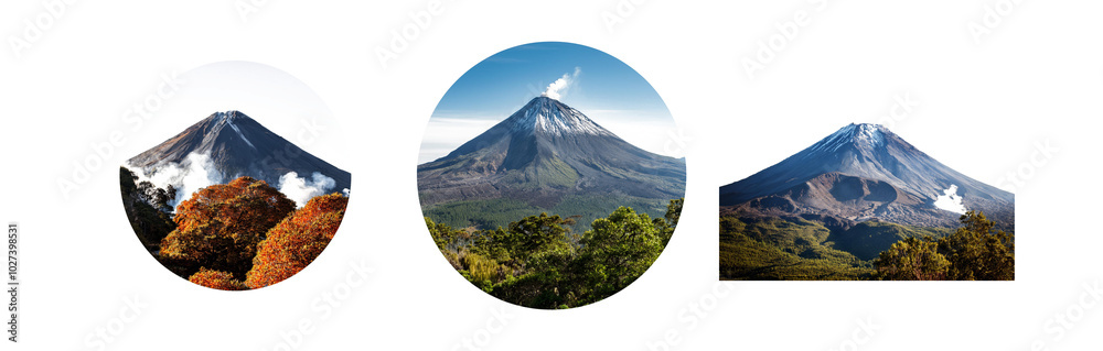 Aufkleber three different perspectives of a snow-capped volcano with lush vegetation at the base.