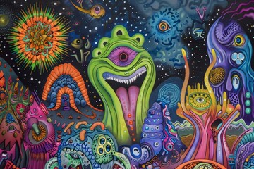 Colorful abstract alien landscape featuring vibrant creatures and cosmic elements against a dark starry background