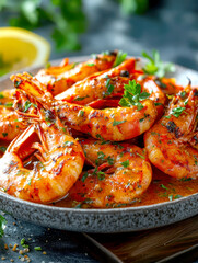 jumbo prawns in butter and garlic sauce. AI generative.
