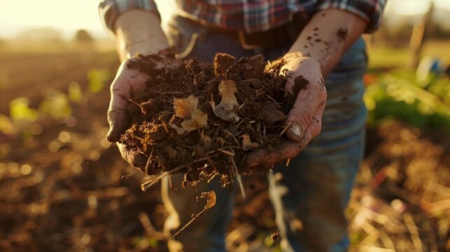 A farmer composting biodynamic materials for soil enrichment, promoting regenerative agriculture