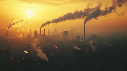 A sunset over a city with a large industrial area. The sky is orange and the sun is setting. The industrial area is emitting smoke and the sky is hazy