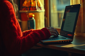 Close-up of Professional Hands Typing on a Laptop Keyboard in a Modern Office Setting &ndash; Business Productivity, Remote Work, and Technology Integration with Natural Light and Greenery in Workspace