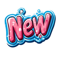 Glossy Cartoon Style New Icon with Pink 3D Balloon Text and Blue Liquid Outline Isolated on Transparent Background for Digital Promotions