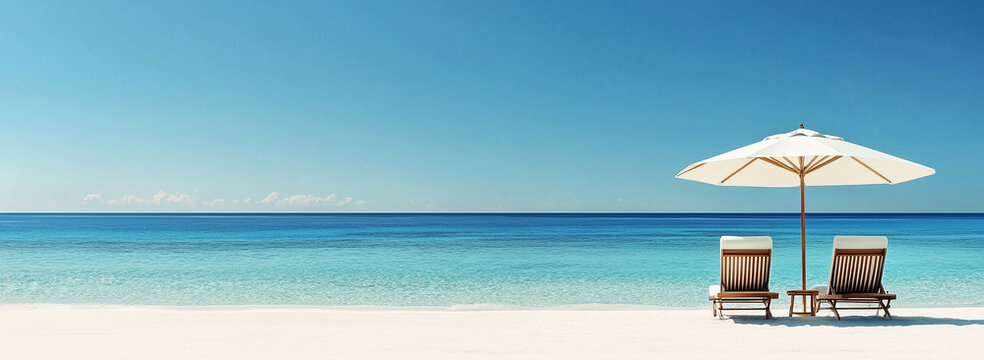A panoramic view of the pristine white sandy beach, with two wooden sun loungers under an umbrella on one side and clear blue water in front, creating a serene vacation scene.