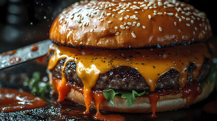 Delicious gourmet hamburger with meat, bacon, cheddar, tomato, lettuce, special sauce, onion and pickles ready to eat