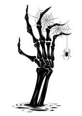 A black and white illustration of a skeletal hand reaching out from the bottom of a body of water. The hand is partially submerged in the water and
is covered in spider webs. A spider is hanging from 