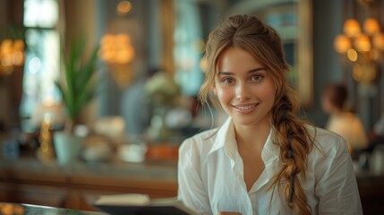 A hotel receptionist engaging in a friendly conversation with a guest, creating a welcoming and comfortable atmosphere
