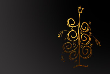 Golden christmas tree painting celebrating christmas holidays on black background